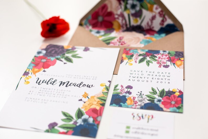 Bright Wild Flowers Boho Wedding Invitations Wild Meadow Botanical Floral Invite Suite Stationery With Save the Date & Envelope Liner image 3