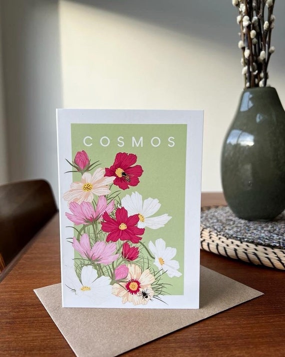 Bees and Pink Cosmos Birthday | Greeting Card Bees and Pink Cosmos Birthday | Greeting Card