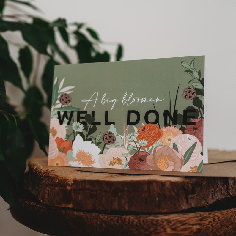 Floral Bloomin' Well Done Card Botanical Congratulations Graduation Greetings Card with Kraft Envelope Blank Inside image 1