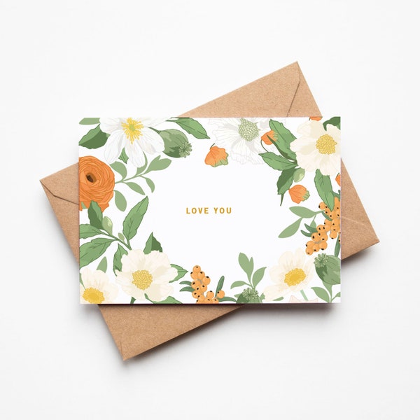 Love You Botanical Card | Floral Orange Green White Card With Recycled Kraft Envelope | Blank Inside