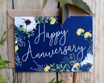 Happy Anniversary Card | Congratulations Illustrated Floral Botanical Greetings Blue A6 Greetings Card with Kraft Envelope | Blank Inside