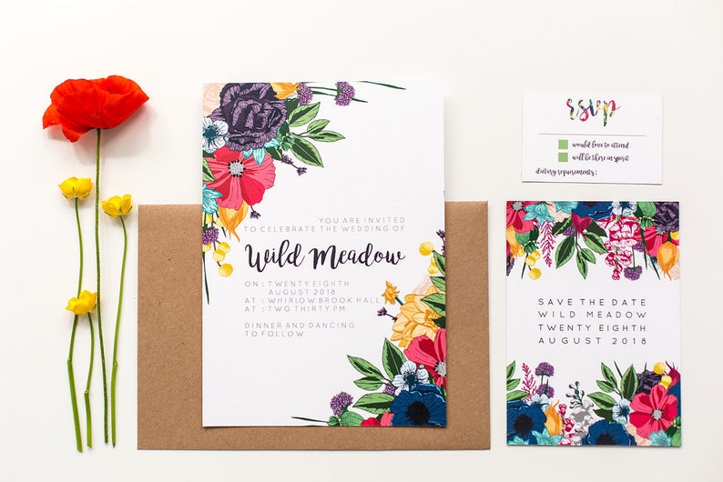 Bright Wild Flowers Boho Wedding Invitations Wild Meadow Botanical Floral Invite Suite Stationery With Save the Date & Envelope Liner 画像 4