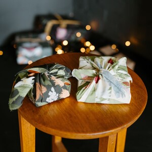 Furoshiki Botanical Foraging Fabric Gift Wrap Set of 2 Mushroom Leaves Berries Autumn Winter Luxury Wrapping image 8