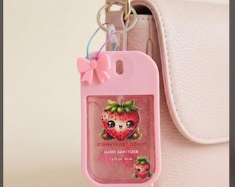 Kawaii Strawberry Donut Scented Hand Sanitizer Pink Keychain Spray 1.5oz 45ml
