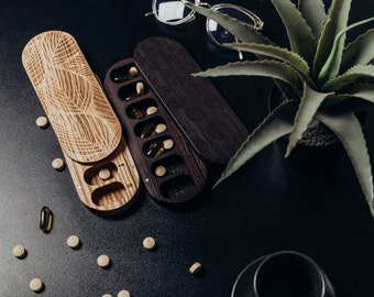 Wooden Pill Box, 7 day Vitamin Box, 7 Day Pill Box, Pill Organizer, Dark Wood Pill Boxes, Wooden Vitamin Cases, Unique Design Pill Box