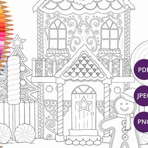 Weihnachten Färbung Seiten, Lebkuchenhaus druckbare, Malvorlagen für Erwachsene, festliche Download, Xmas Färbung Druck, Färbung Winter