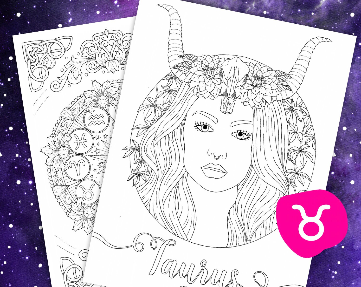 Taurus Coloring Page From Faces Of The Zodiac Printable Adult Etsy