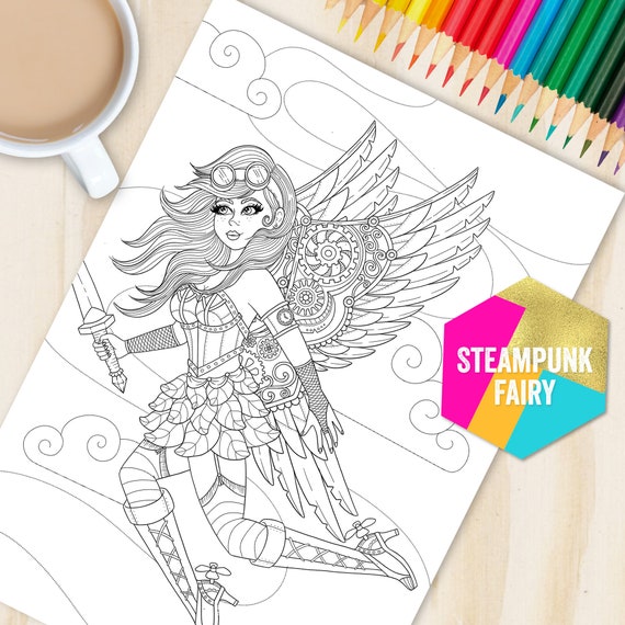 steampunk fairy steampunk freakout printable adult coloring pages  steampunk fantasy art digital download