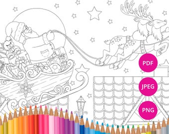 Santa and his reindeers PDF coloring page, Father Christmas coloring page, Festive adult colouring pages, Digital download