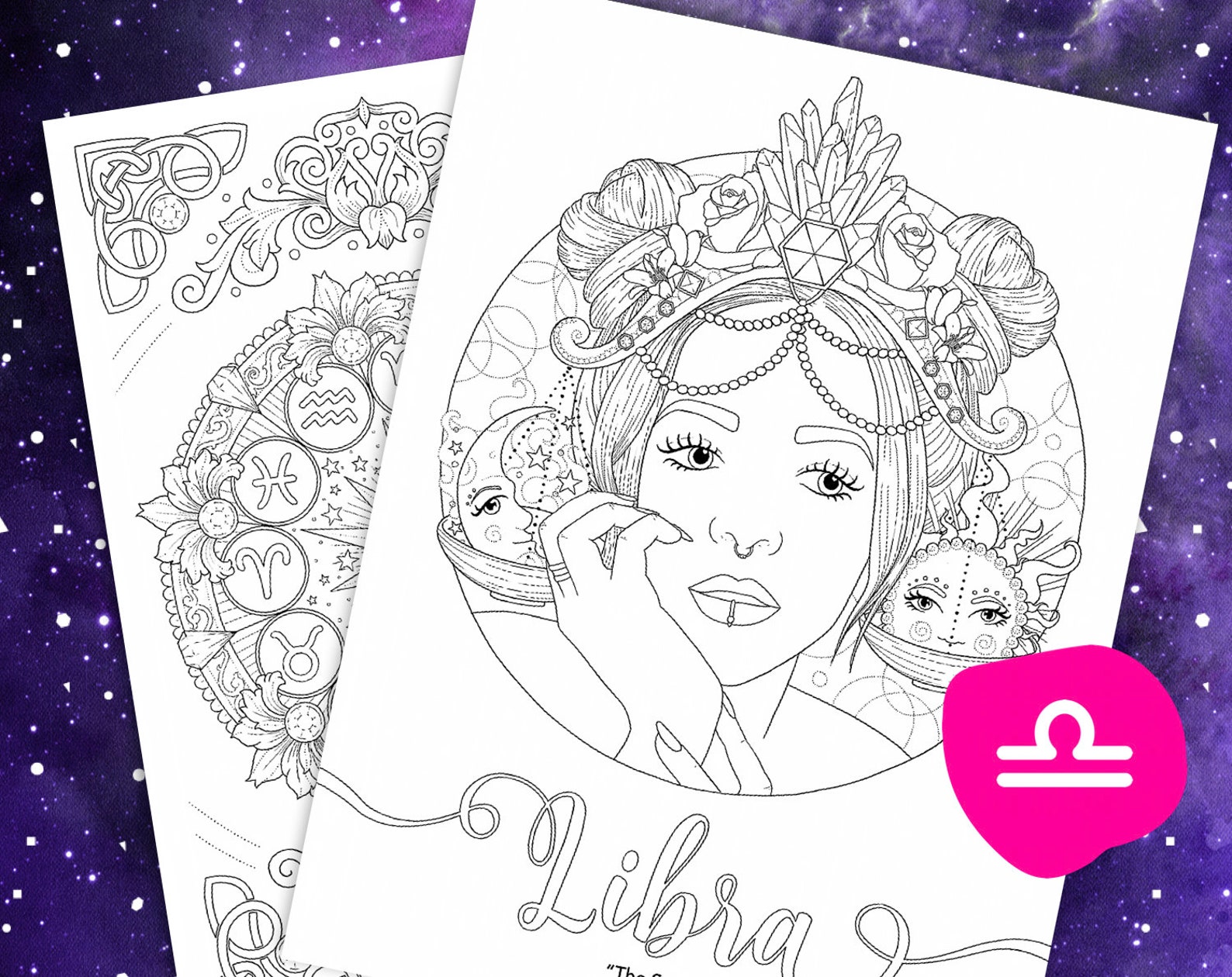 Libra coloring page from Faces of the Zodiac Printable adult | Etsy