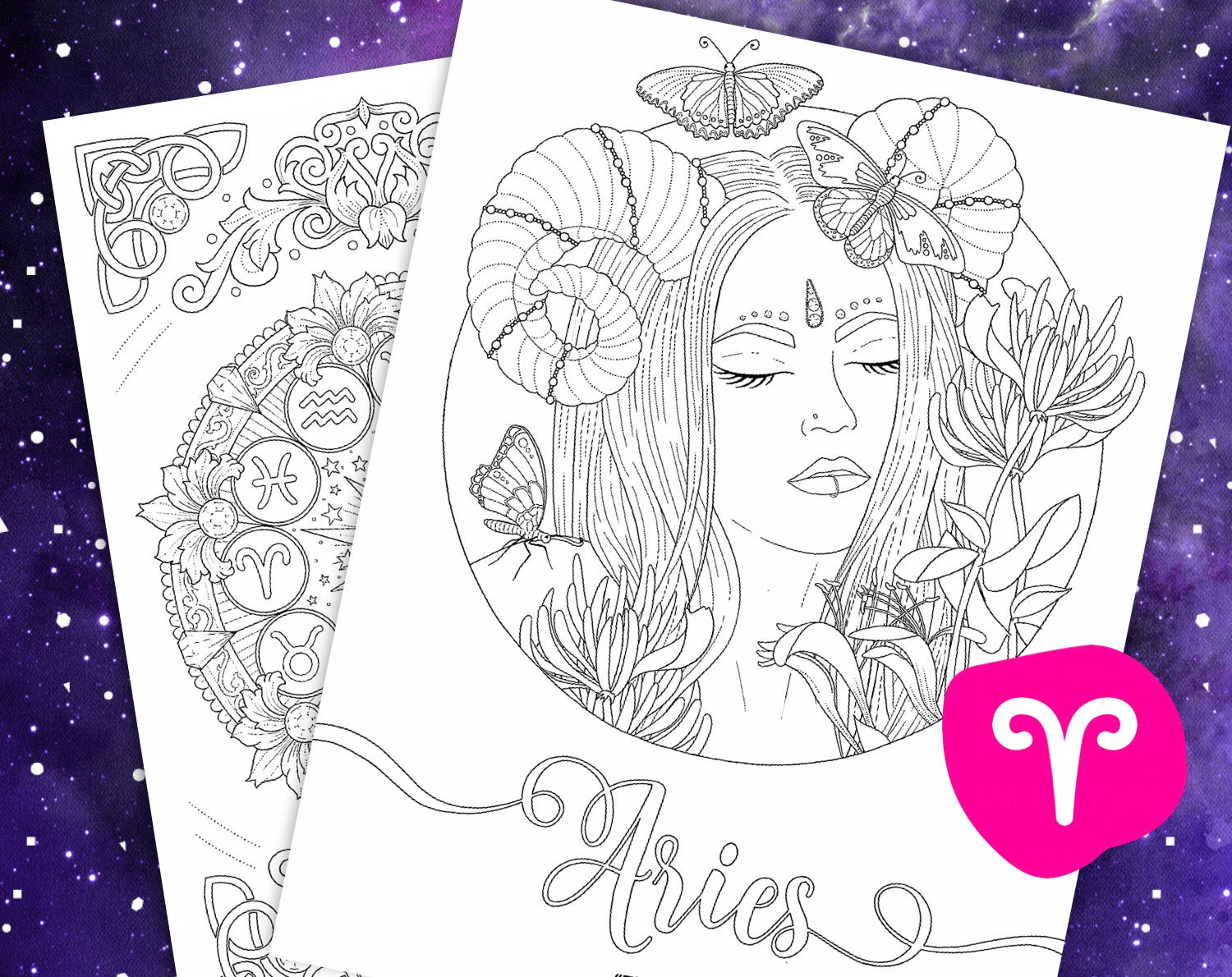 Download Aries Coloring Page From Faces Of The Zodiac Printable Adult Etsy