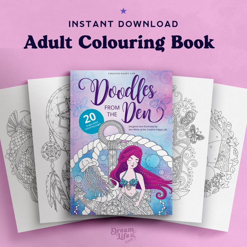 Doodles from The Den, Printable coloring book pdf, Digital adult coloring pages, coloring books download, digital coloring book for adults image 1