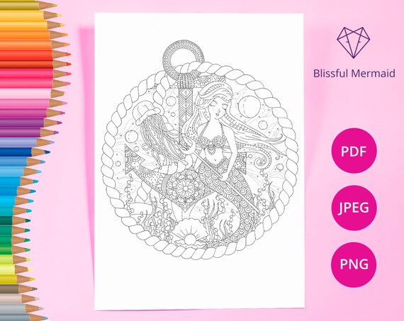 Mermaid Coloring Page For Adults Fantasy Adult Coloring Page Etsy