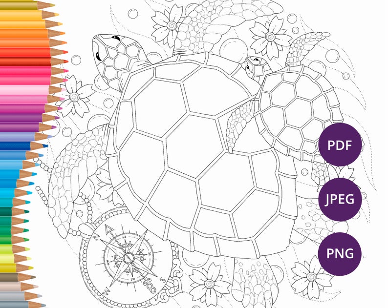Sea turtle coloring page for adults Sea adult coloring Sea | Etsy