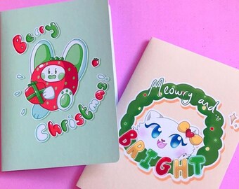 Kawaii Cat and Strawberry Bunny Festive  A6 Greeting Cards!