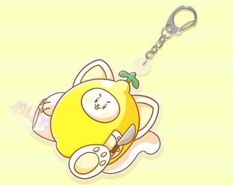 Lemonitty the Cheeky Lemon Cat 2.5 inch Double Sided Keyrings ( Holding a Knife )