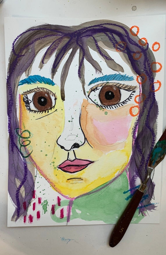 Woman Mixed Media Painting on Watercolor Paper 9x12 Featured on