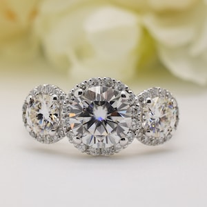 Nadia Round Moissanite Engagement Ring,  3 stone Halo Wedding  Ring, Lab Created Diamond Ring, Unique Bridal Jewelry,  Trinity Halo Ring