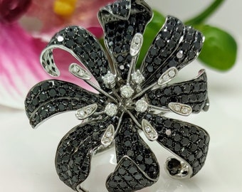 Ready to Ship: Statement Cocktail Diamond Ring/ Black and White Natural Diamonds Flower Ring/Ladies Floral Jewelry/ Mother's Day Gift