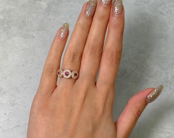 Ready to Ship: Rhodolite Garnet and Lab Created Diamond Triple Halo Ring/January Birthstone/Trinity Rose Gold Engagement Ring