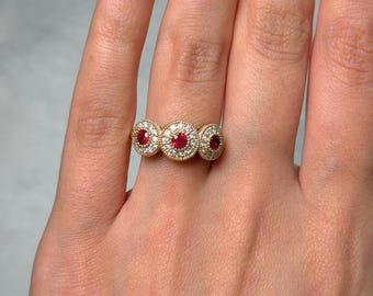 Ready to Ship: Ruby and Lab Created Diamonds Triple Halo Ring/Yellow Gold Anniversary Ring/Unique Trinity Gemstone Ring/ July Birthstone
