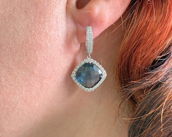 Ready to Ship: London Blue Topaz and Diamonds Earrings, White Gold Earrings, Natural Gemstones Anniversary Jewelry, December Birthstone Gift