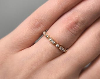 Ready to Ship: Maya Wedding Band, Stacking Pave Lab-Created Diamonds Ring, Vintage Half Eternity Band, Rose Gold  Ring, Unique Bridal Band