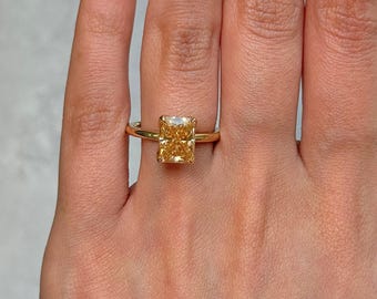 Ready to Ship: 2.7ct Radiant Moissanite Engagement Ring, Proposal 14k  Yellow Gold Ring, Bridal Jewelry, Dainty Champagne Solitaire Ring