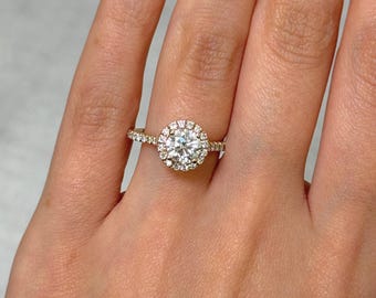 Ready to Ship: 1.05ct Round Lab-Created Diamond Engagement Ring, Unique 14k yellow gold Ring, Dainty Halo Bridal Jewelry, Diamond Set