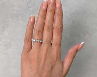 Ready to Ship:  Round Lab-created Diamonds Wedding Band, Stacking Bridal 14k White Gold Ring, Vintage Semi-Eternity Ring