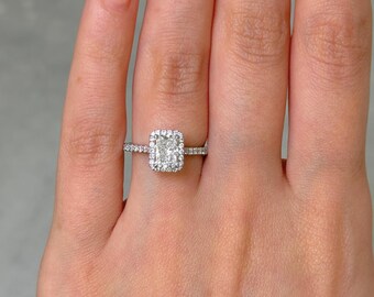 Ready to Ship: Victoria 1.03ct E/VVS2 Radiant Lab-Created Diamond Engagement Ring, Delicate Platinum Ring, Unique Halo Bridal Jewelry