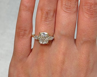 Ready to Ship: Leah 3ct. Cushion Cut Moissanite with Pear Shape Lab Diamonds Engagement Ring/ 18k Yellow Gold Proposal Ring/ Pear Shape Set