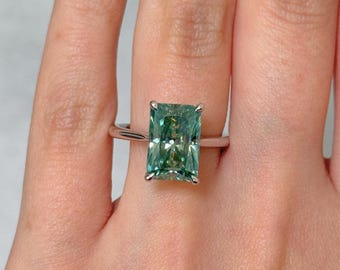 Ready to Ship: 5.3ct Aqua-Teal Radiant Moissanite Engagement Ring, Proposal White Gold Ring, Bridal Jewelry, Dainty Solitaire Ring