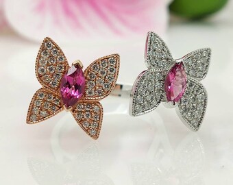 Ready to Ship: Pink Tourmaline  Butterfly Ring,  Diamonds Pave ring, Delicate Anniversary Ring, Animal Ring,  October Birthstone Ring