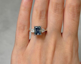 Ready to Ship: 2.7ct Blue Grey Radiant Cut with Pear Shape  MoissaniteEngagement Ring/ 14k Yellow/White Gold Proposal Ring/ Pear Shape Set