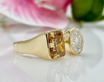 Ready to Ship: 2.7ct Radiant and 2ct Champaign Oval Moissanites Engagement Ring/14k Yellow Gold Toi Et Moi Ring/ Unique 2 Stone Bezel Ring