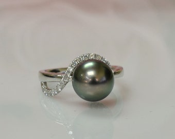 Ready to Ship: Natural Tahitian Black Pearl and Diamonds Ring/White gold Engagement Ring/ Anniversary Ring, Swirl ring/ June Birthstone Ring