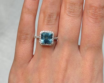 Ready to Ship: 2.8ct Blue Topaz Engagement Ring - Diamond Halo Wedding Ring-Unique  White Gold Proposal Ring -Dainty Bridal Ring