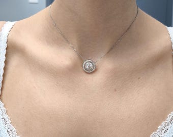 Ready to Ship: 0.85ct Lab Diamond Round Pendant, 14k White Gold Halo Pave Bridal  Necklace, Birthday Gift, Dainty Anniversary Jewelry