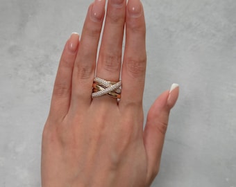 Ready to Ship: Multi-row Wide Diamonds Ring/Trendy Rose Gold Anniversary Ring/Bold Statement Ring/Crossover Cocktail Ring/Mother's Day Gift