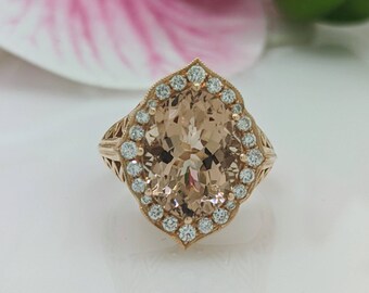 Ready to Ship: Natural Oval Peach Morganite and Diamonds Ring/  Statement Ring/ Rose Gold Handmade Jewelry/ Antique Occasion Ring