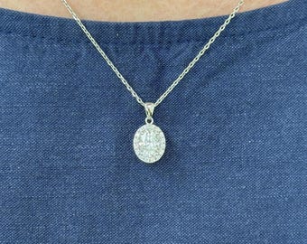 Ready to Ship: 1.5ct Oval Moissanite & Diamond Pendant, 14k White Gold Halo Pave Bridal  Necklace, Birthday Gift, Dainty Anniversary Jewelry