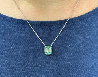 Ready to Ship: 5.8ct Aqua-Teal Emerald Moissanite Pendant, 14k White Gold  Bridal  Necklace, Birthday Gift, Dainty Anniversary Jewelry