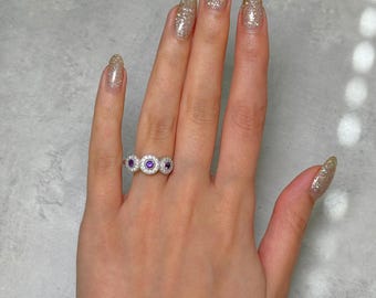 Ready to Ship: Amethyst and Lab Created Diamonds Ring/Round Triple Halo 14k White Gold Ring/February Birthstone/Anniversary, Birthday Gift