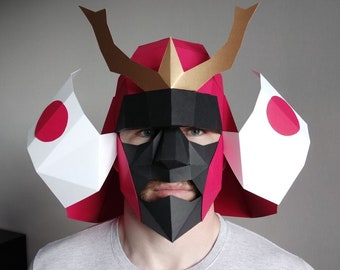 Papercraft 3d Samurai helmet Mask PDF digital Template, Low Poly Paper Mask, Unique Halloween Cosplay Costume