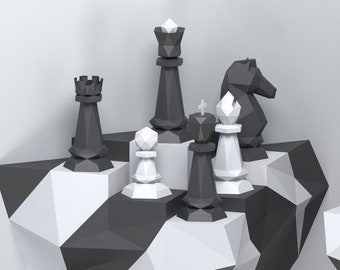 Plantilla PDF y SVG de papercraft para conjunto de figuras de ajedrez + Base (plantillas de peón, caballo, alfil, torre, reina, rey), modelos de ajedrez pepakura