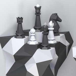 Modello PDF e SVG in carta per set di figure degli scacchi + base (modelli di pedone, cavallo, alfiere, torre, regina, re), modelli di scacchi pepakura