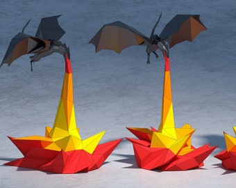 3D Papercraft dragon with fire, low poly  fire dragon  template, paper decor, DIY template, PDF download, pepakura template,home decoration