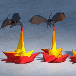 3D Papercraft dragon with fire, low poly  fire dragon  template, paper decor, DIY template, PDF download, pepakura template,home decoration