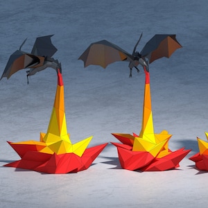 Drago di carta 3D con fuoco, modello di drago di fuoco a bassa poli, decorazione di carta, modello fai da te, download PDF, modello pepakura, decorazione per la casa